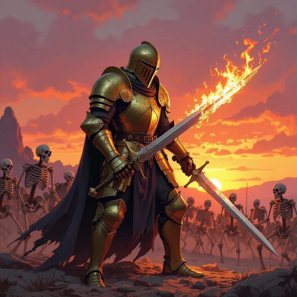 Golden Knight's Sunset Stand Against Skeletons