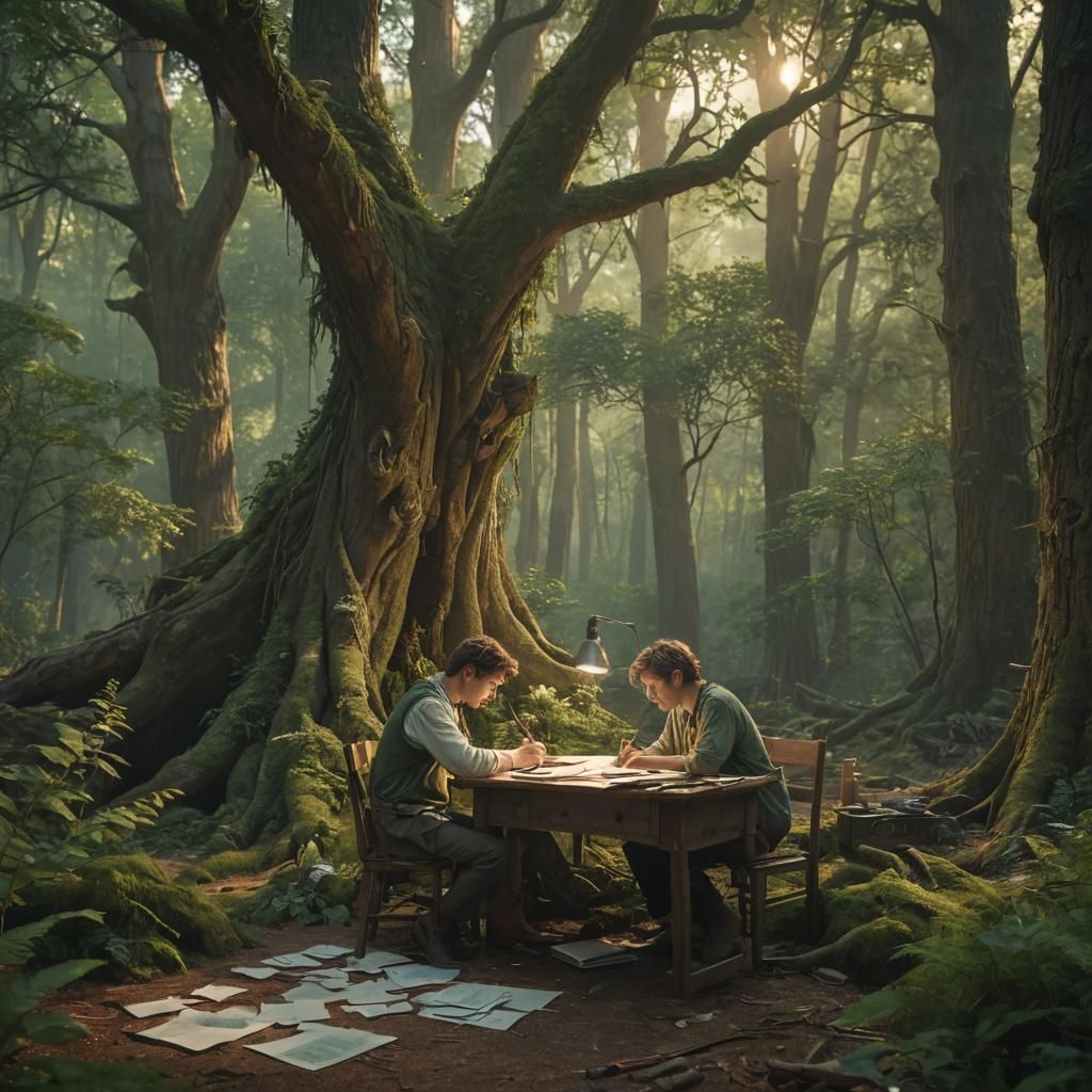 Artist in Forest: Matte Painting with Warm Lighting