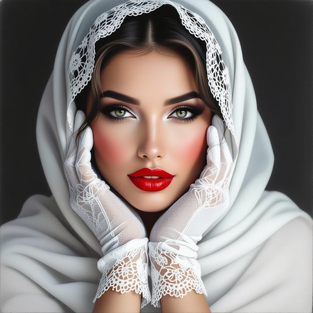 Noir Pencil Portrait of Chic Woman with Gloves