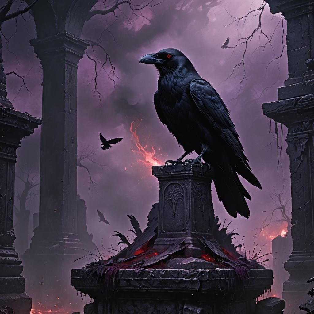 Eerie Black Crow in Dark Fantasy Underworld