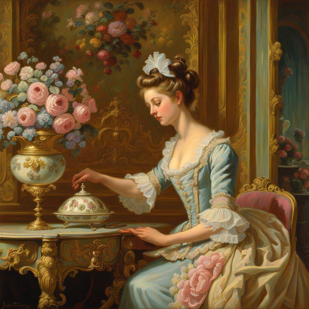 Rococo Maid Dusting Furniture in Opulent Room Oil Painting