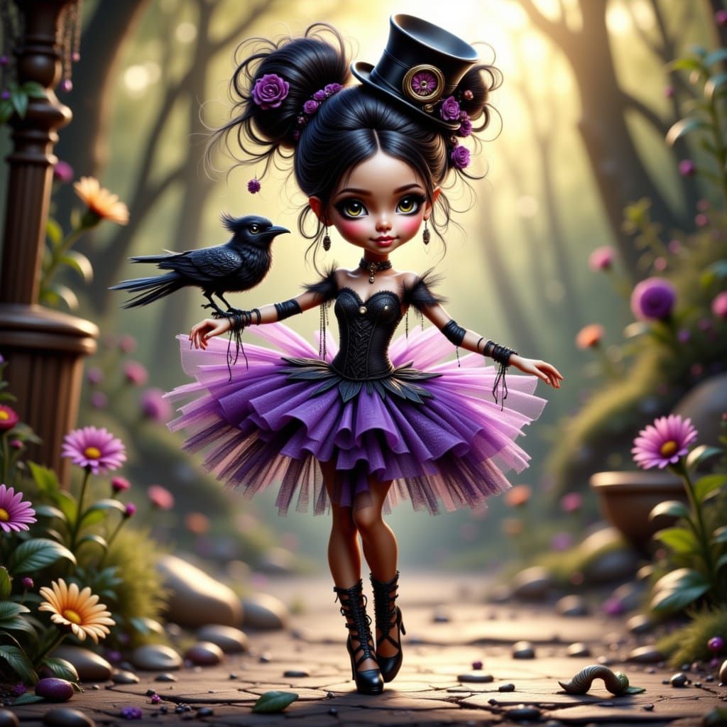 ballerina doll, purple and black clothing, as a wind up toy,...