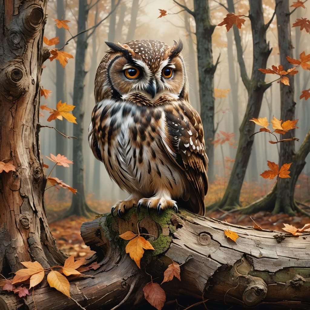 Adorable Owl Sleeping in Autumn Forest: Matte Painting