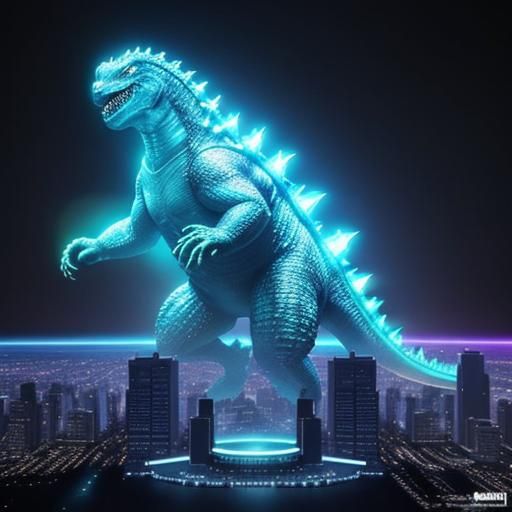 Holographic Godzilla Running Through City Streets