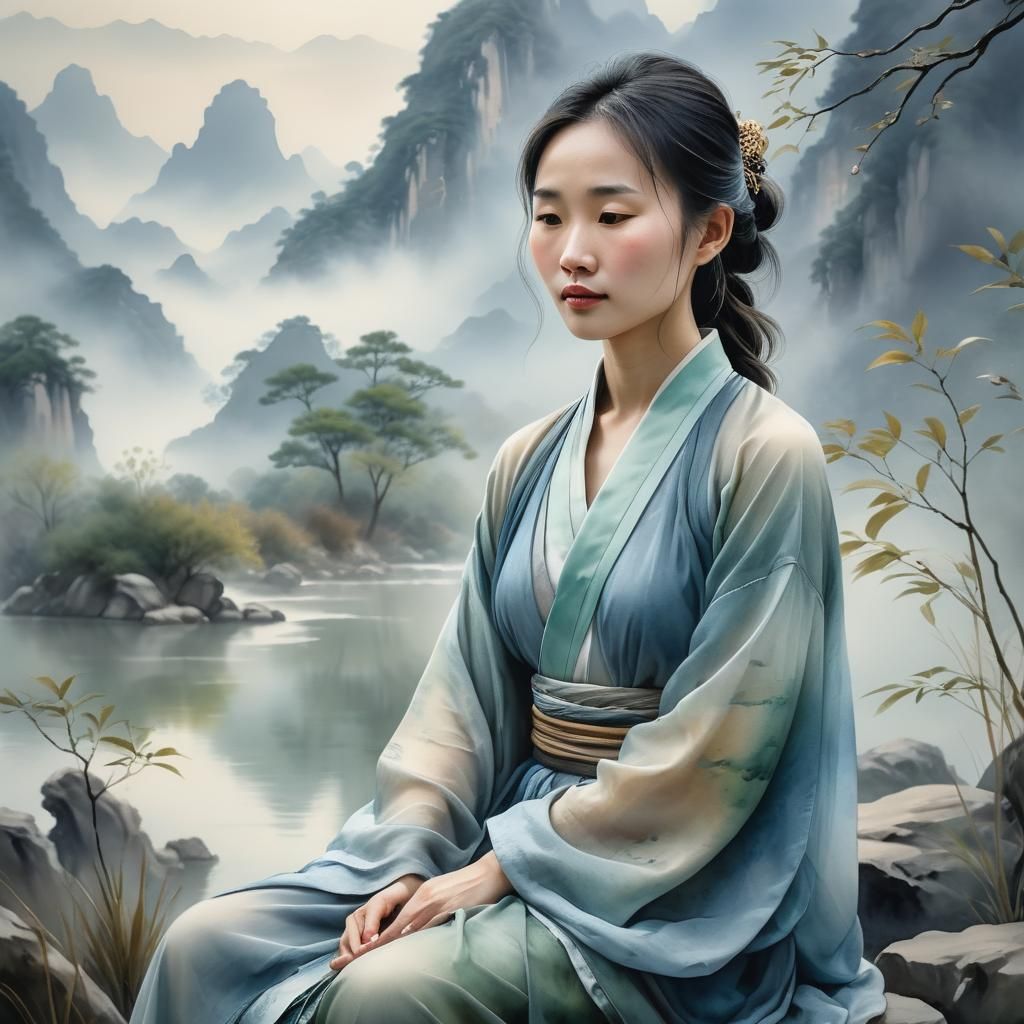 Serene Woman Blending with Guilin Landscape