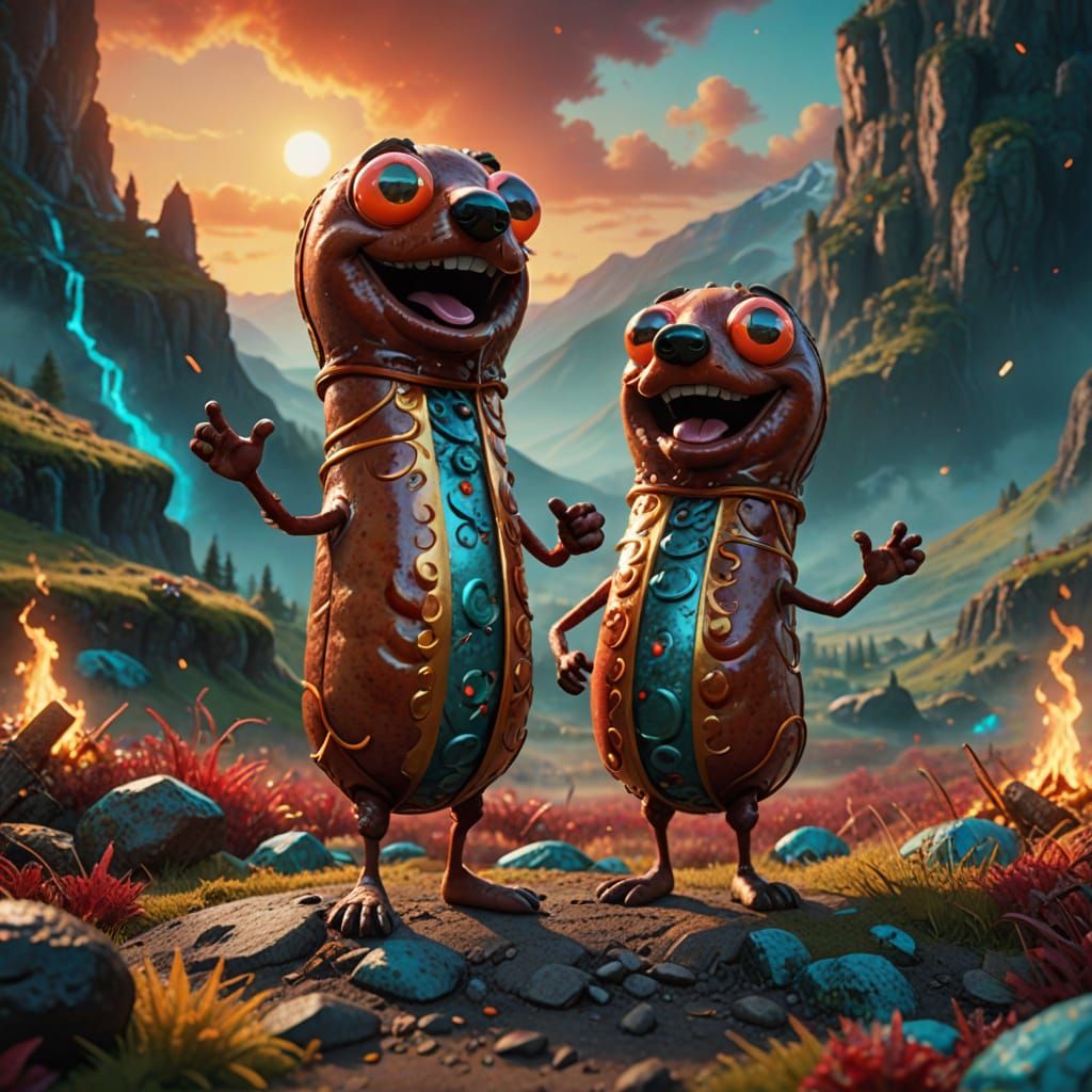 Sausage Creature in Vibrant Landscape, Fantasy Art