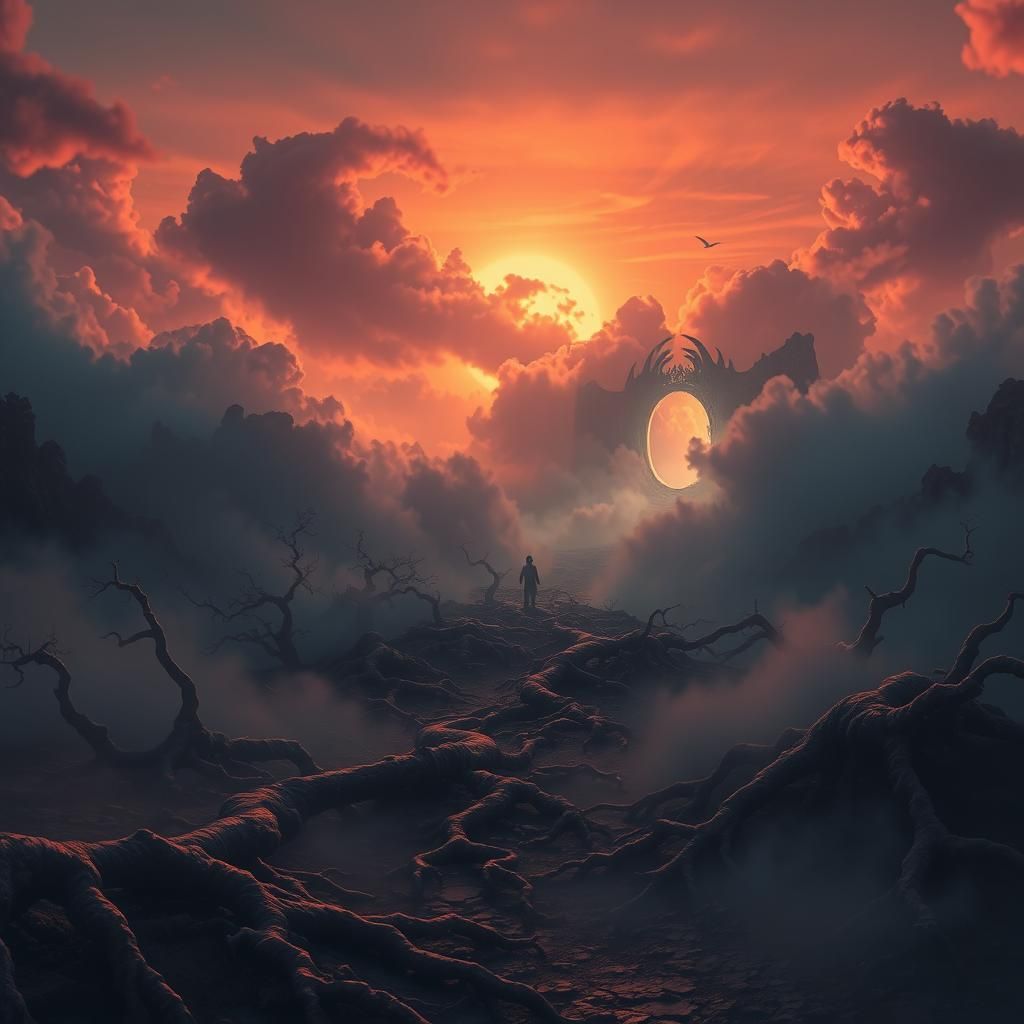 Mystical Sunset Realm with Iridescent Portal