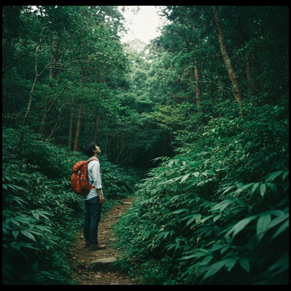 Japanese Hiker in Kamakura Forest, Ghibli-esque Film Still