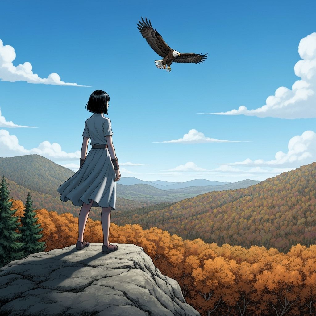 Girl on Rock Watching Eagle in Autumn Valley