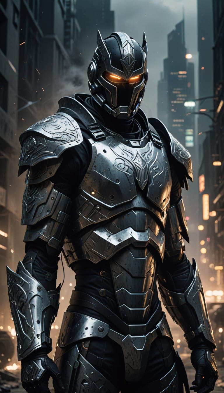 Futuristic Warrior in Black Exosuit Holds Shield with Glowin...