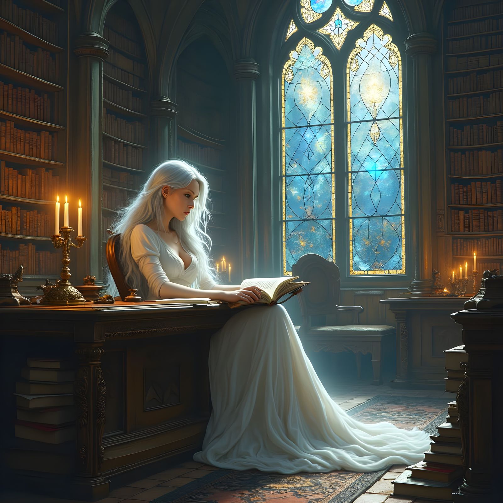 Ancient Library of Wisdom Illuminated by Moonlight