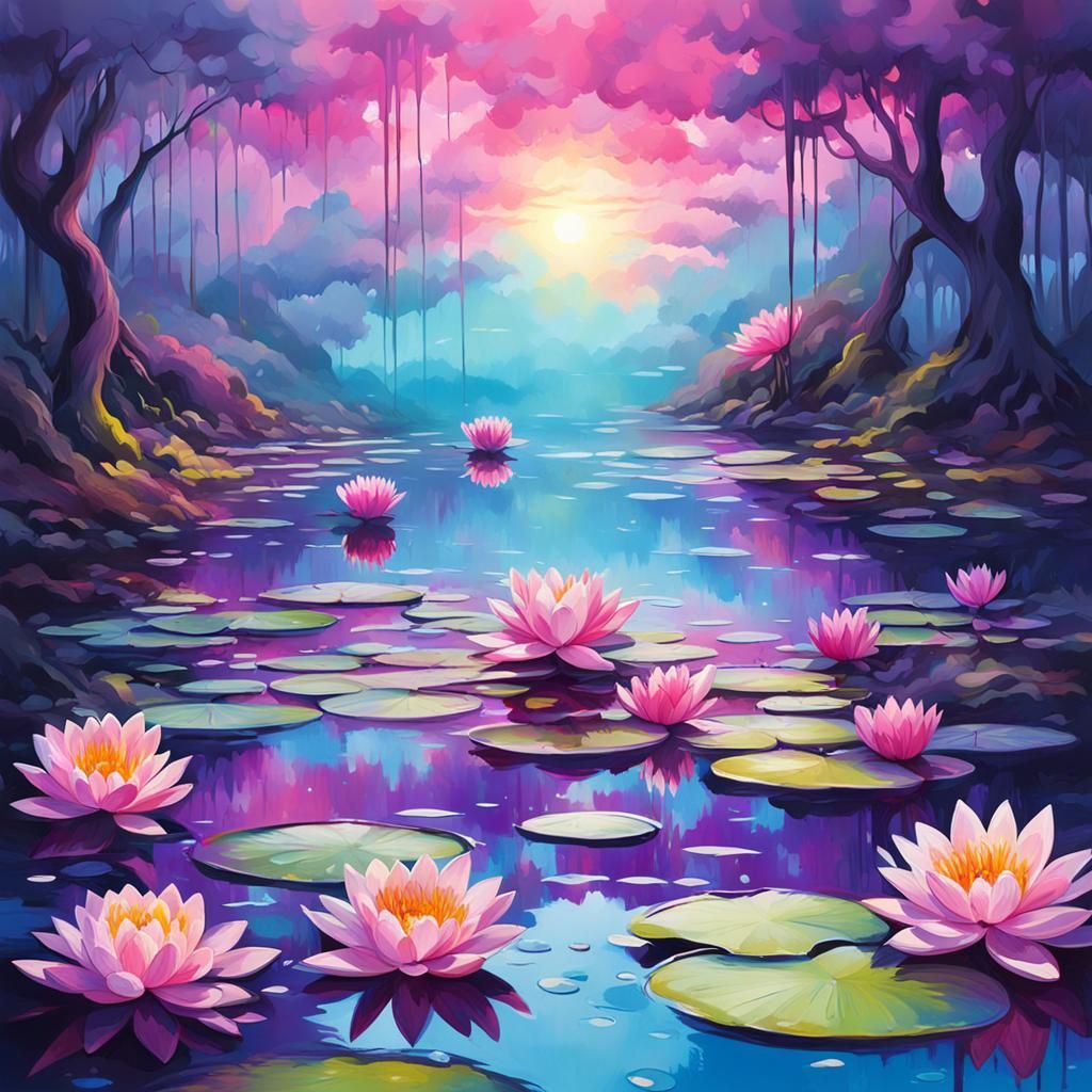 Water Lilies on Lake in Graffiti Art Style