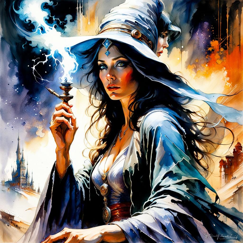 Beautiful Sorceress Casting a Spell in Digital Watercolor