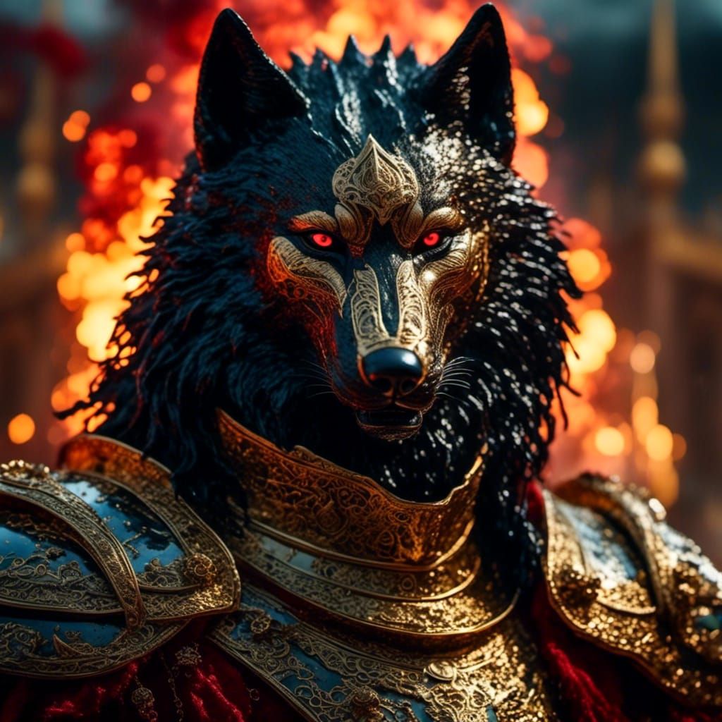 Armored Wolf with Flaming Background