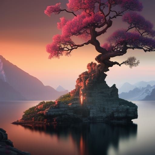 Bonsai Tree in Lake at Dawn: Dark Fantasy Concept Art