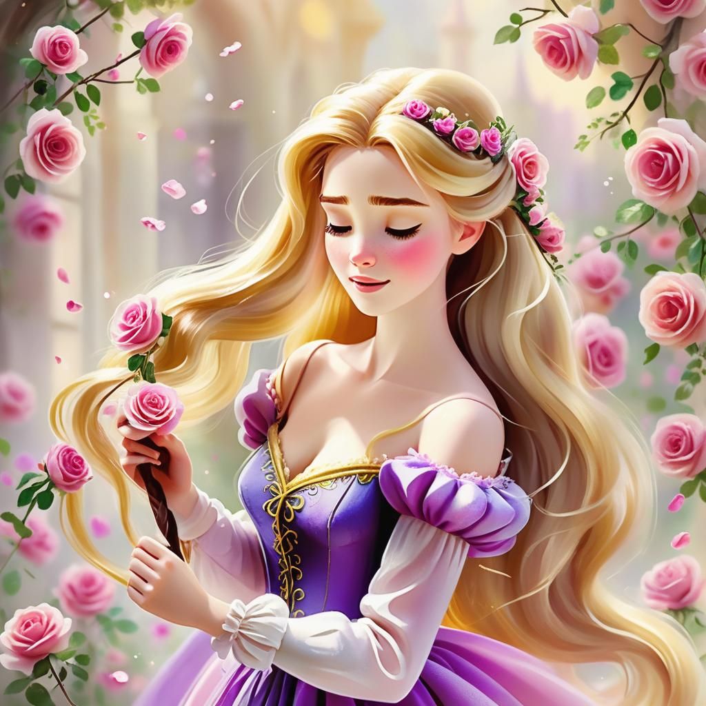 Rapunzel Combing Hair with Roses in Disney Style