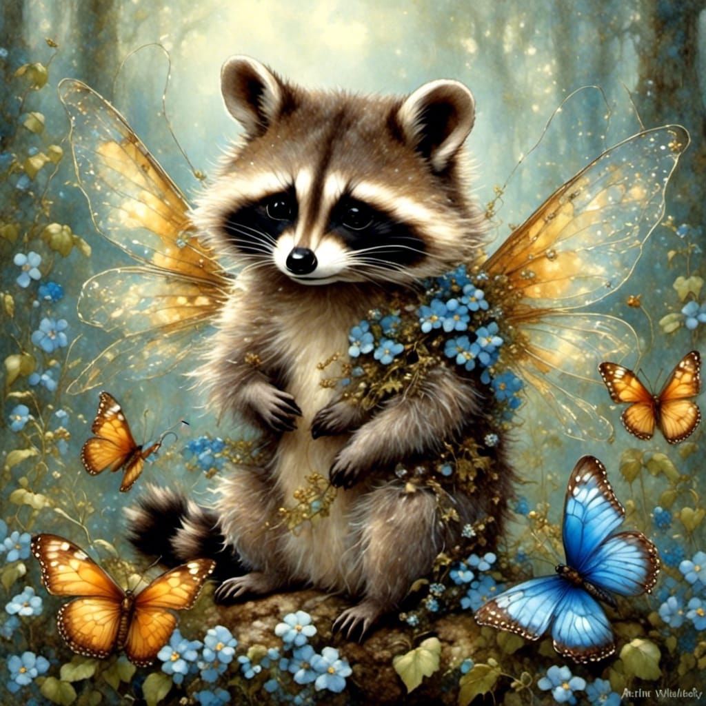 Adorable Fairy Raccoon in Watercolor Style
