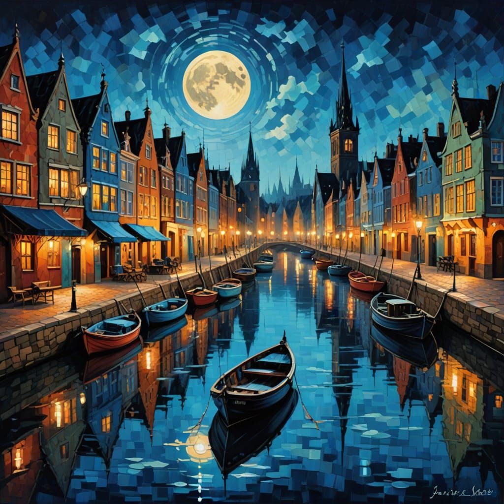 Ethereal Boats Under Blue Moonlight in a Gothic Harbor