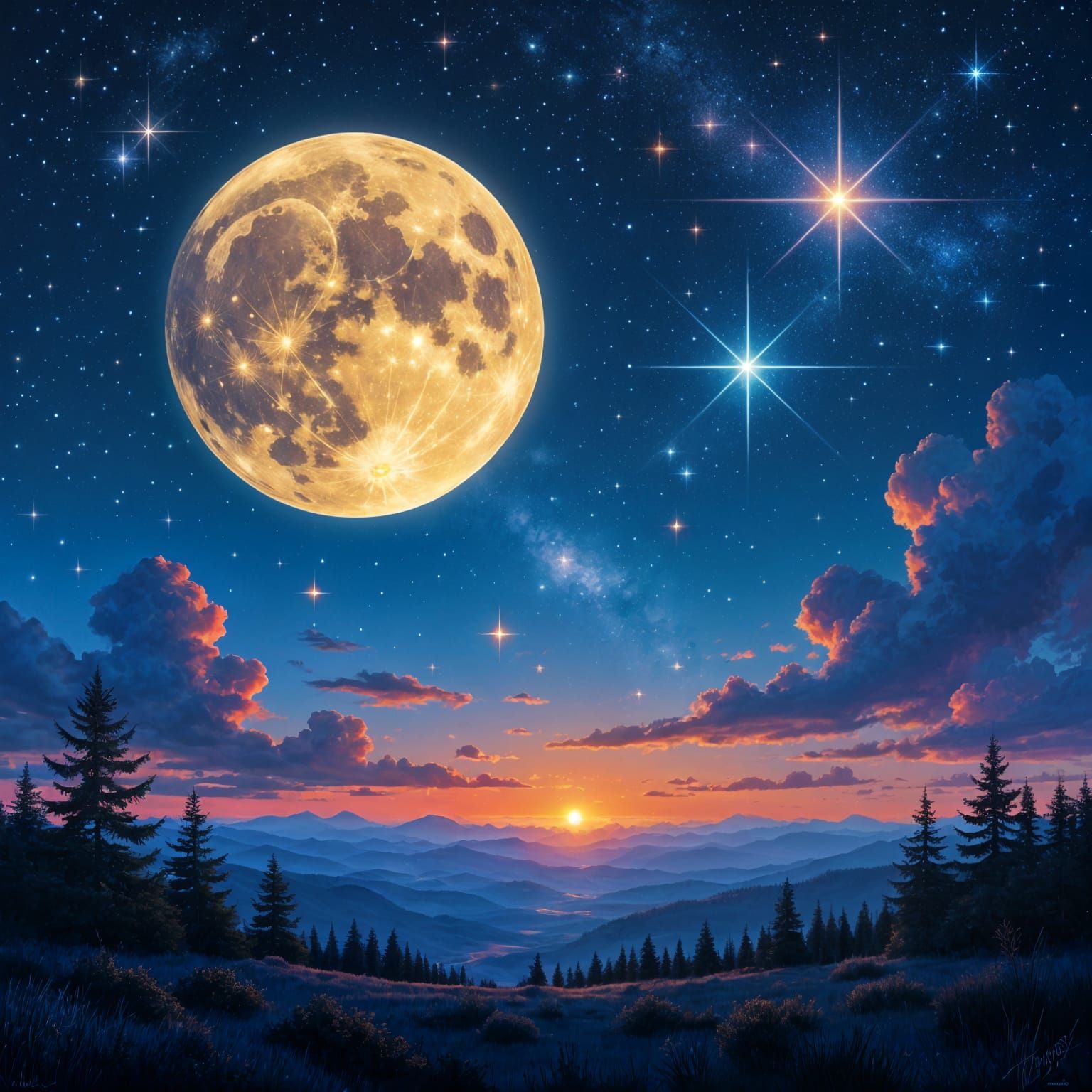 Celestial Night Sky with Golden Moon and Stars