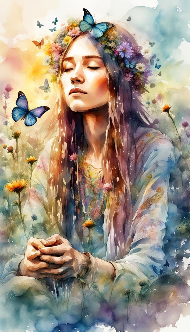 Hippie Meditating at Sunrise in Digital Watercolor