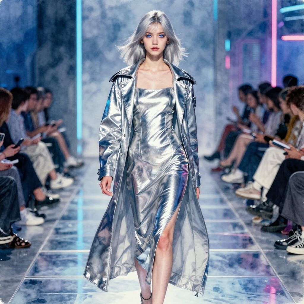 Silver Gown Woman Struts Futuristic Runway in Watercolor Sty...