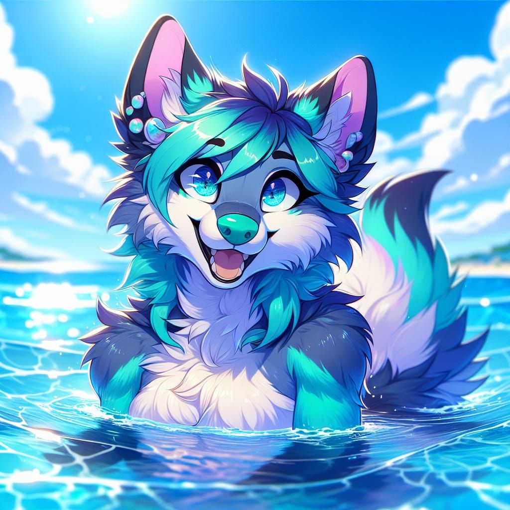 Teal and Purple Furry Wolf Character Swimming