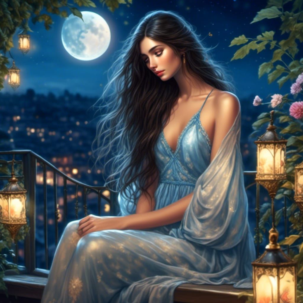 Moonlit Woman on Balcony in Hyperrealistic Style