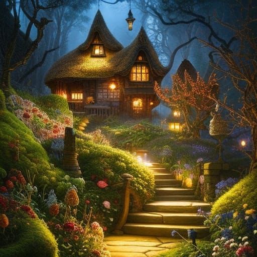 Entangled Garden and Cottage at Night