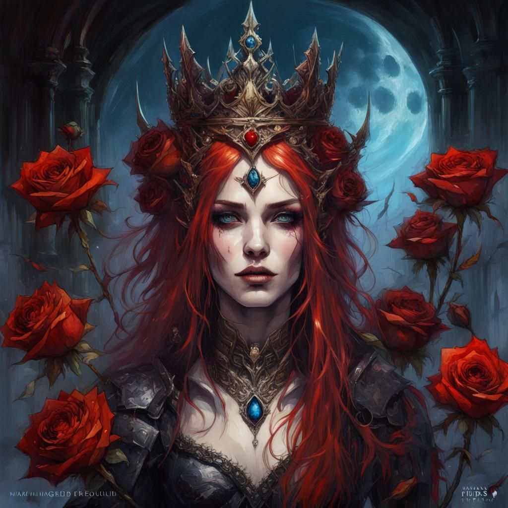 Gothic Vampire Queen with Crimson Hair, Gouache Art