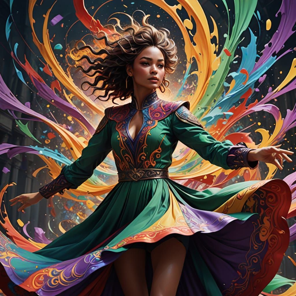 Vibrant Dancer in Swirling Colors, Digital Art