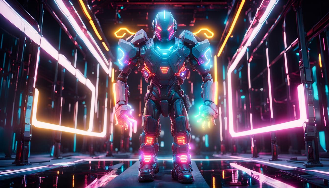 Divinity-Inspired Figure in Advanced Neon Armor