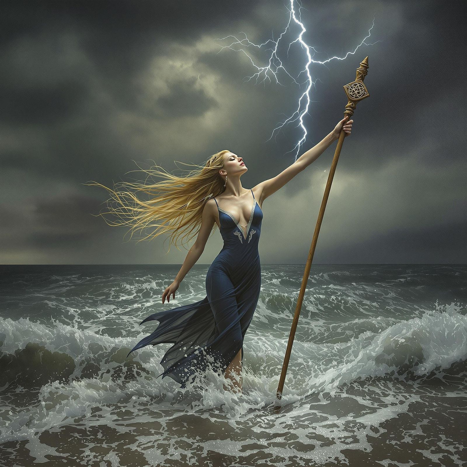 Norse Goddess Wades into Turbulent Seascape with Lightning B...