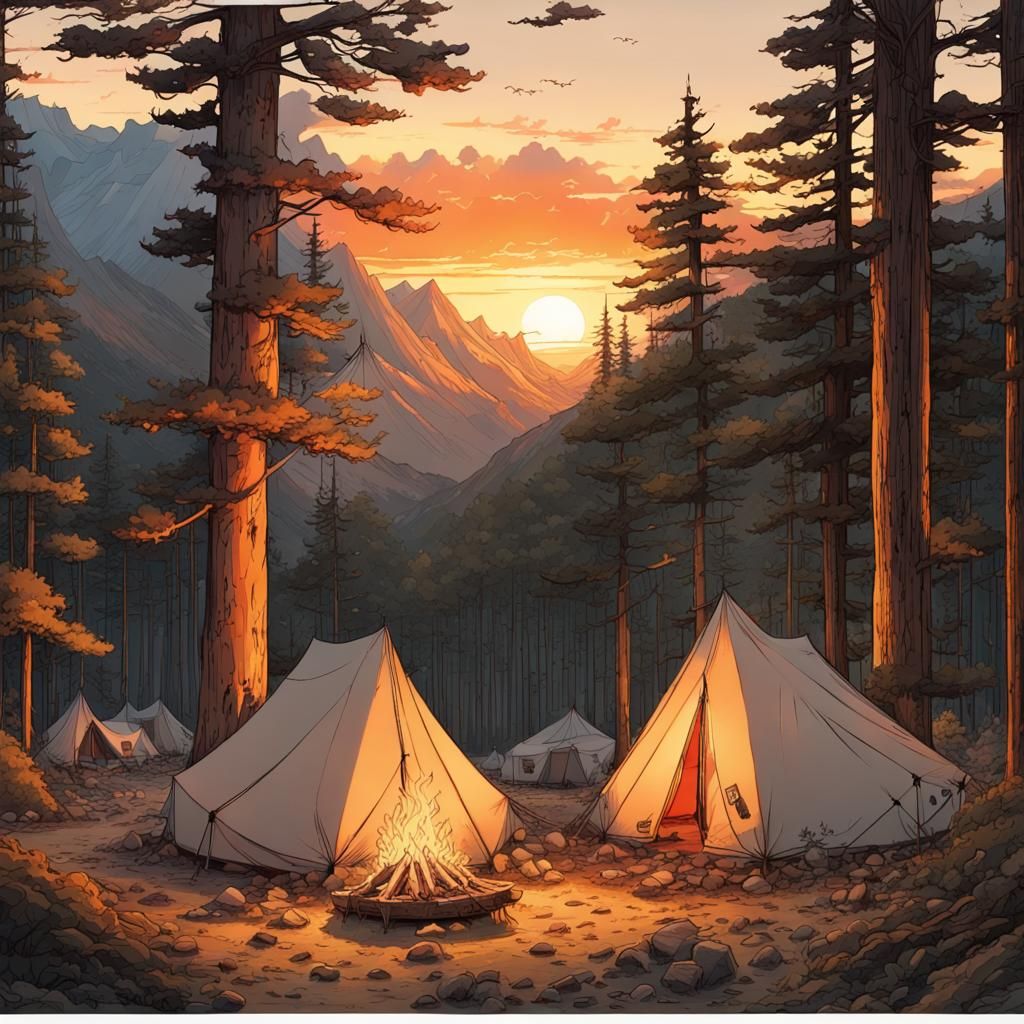 Sunset Camping in Woods: Detailed Concept Art