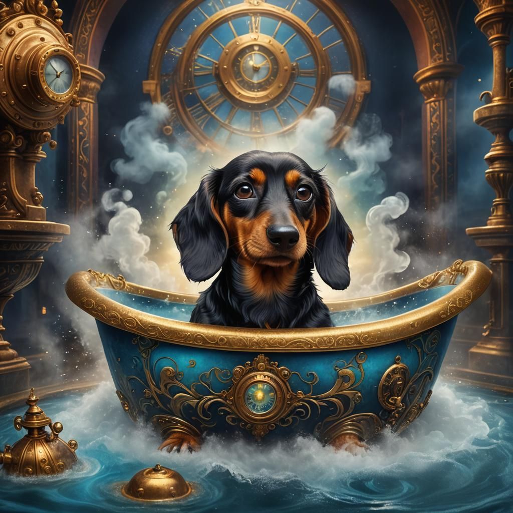 Steampunk Dachshund in Iridescent Tub: Fantasy Art