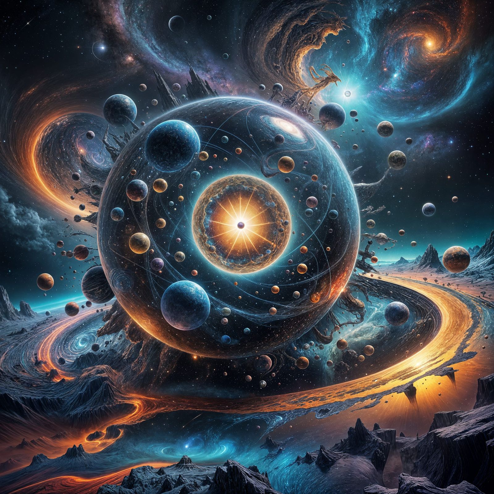 Surreal Cosmic Landscape with Vibrant Atoms and Energy