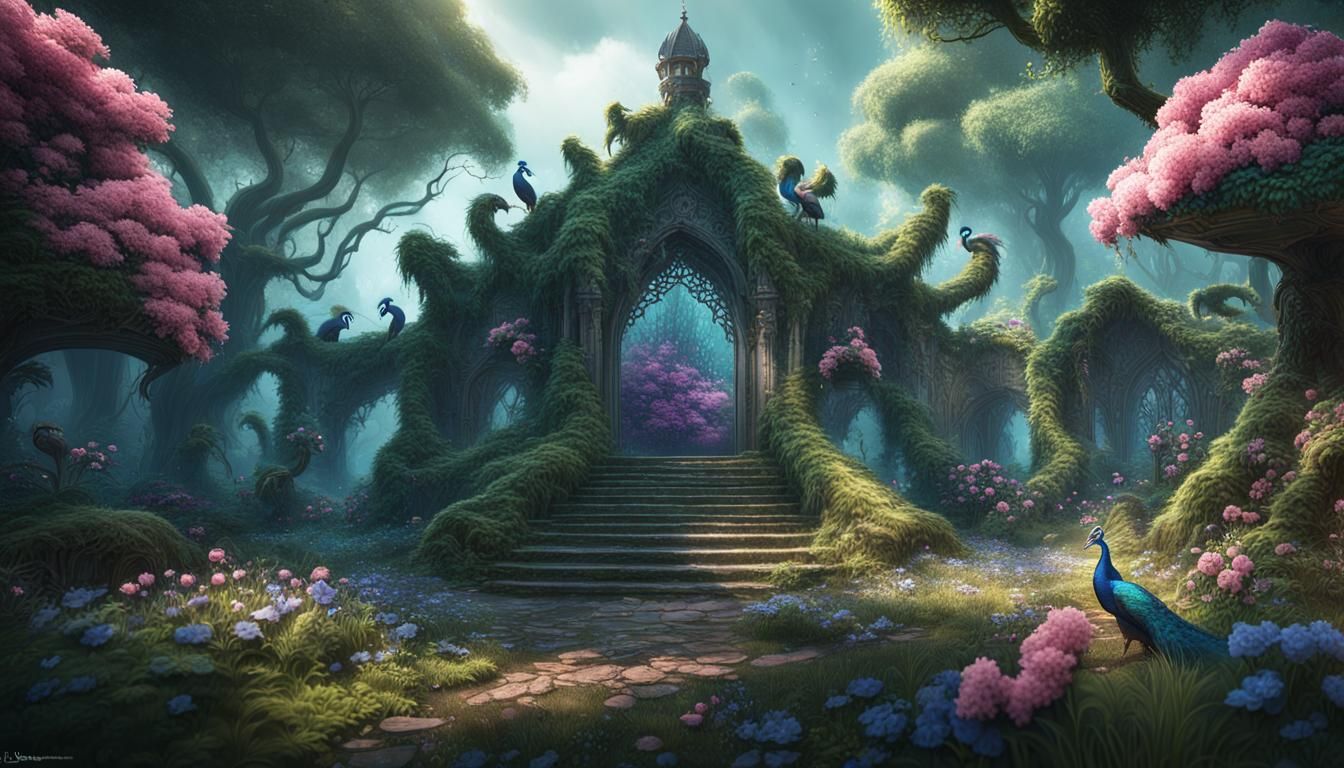 Peacocks in Forest with Pink Flowers