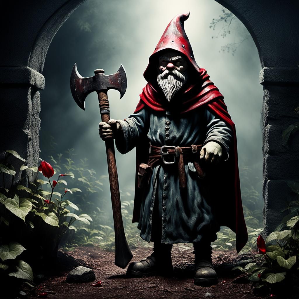 Surrealist Garden Gnome Executioner in Misty Garden