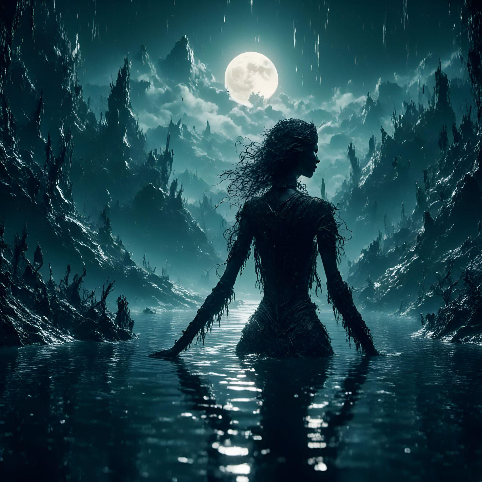 Ethereal Mist Woman on Water in Moonlight