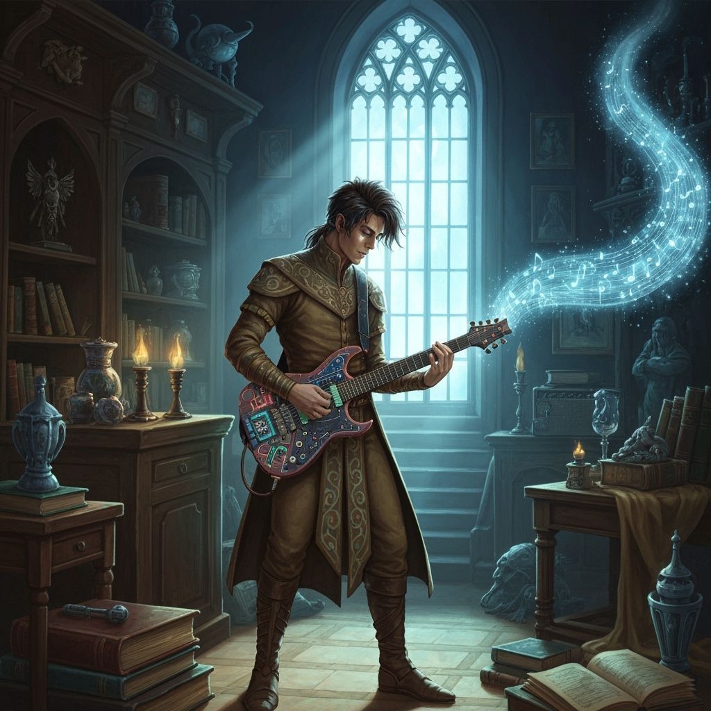 Solarpunk Minstrel Conjures Portal with Cyberpunk Guitar