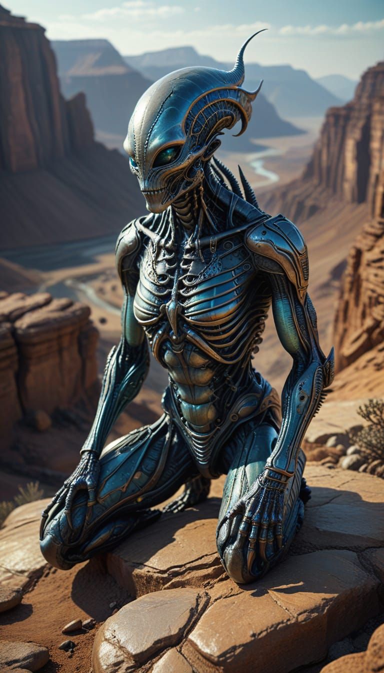 Surreal Digital Artwork: Alien Creature in Majestic Canyon L...