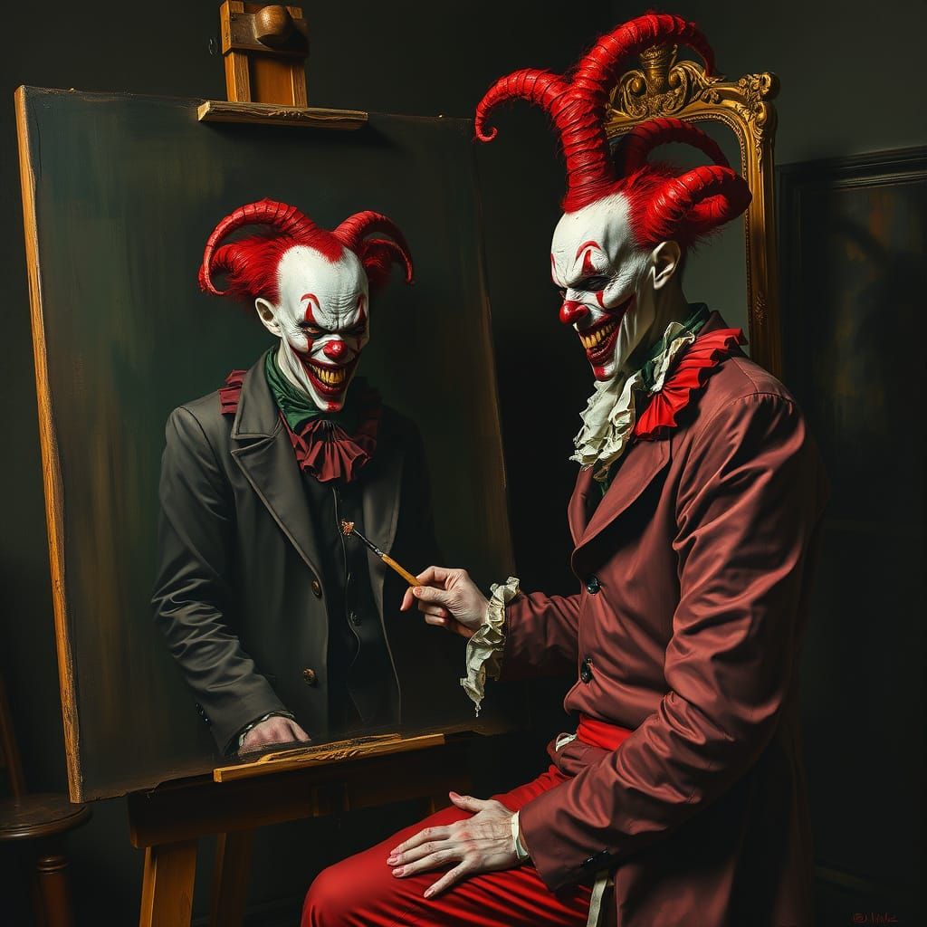 Demonic clown painting a self portrait on canvas . with a mirror beside the canvass. Thick Oil by a master