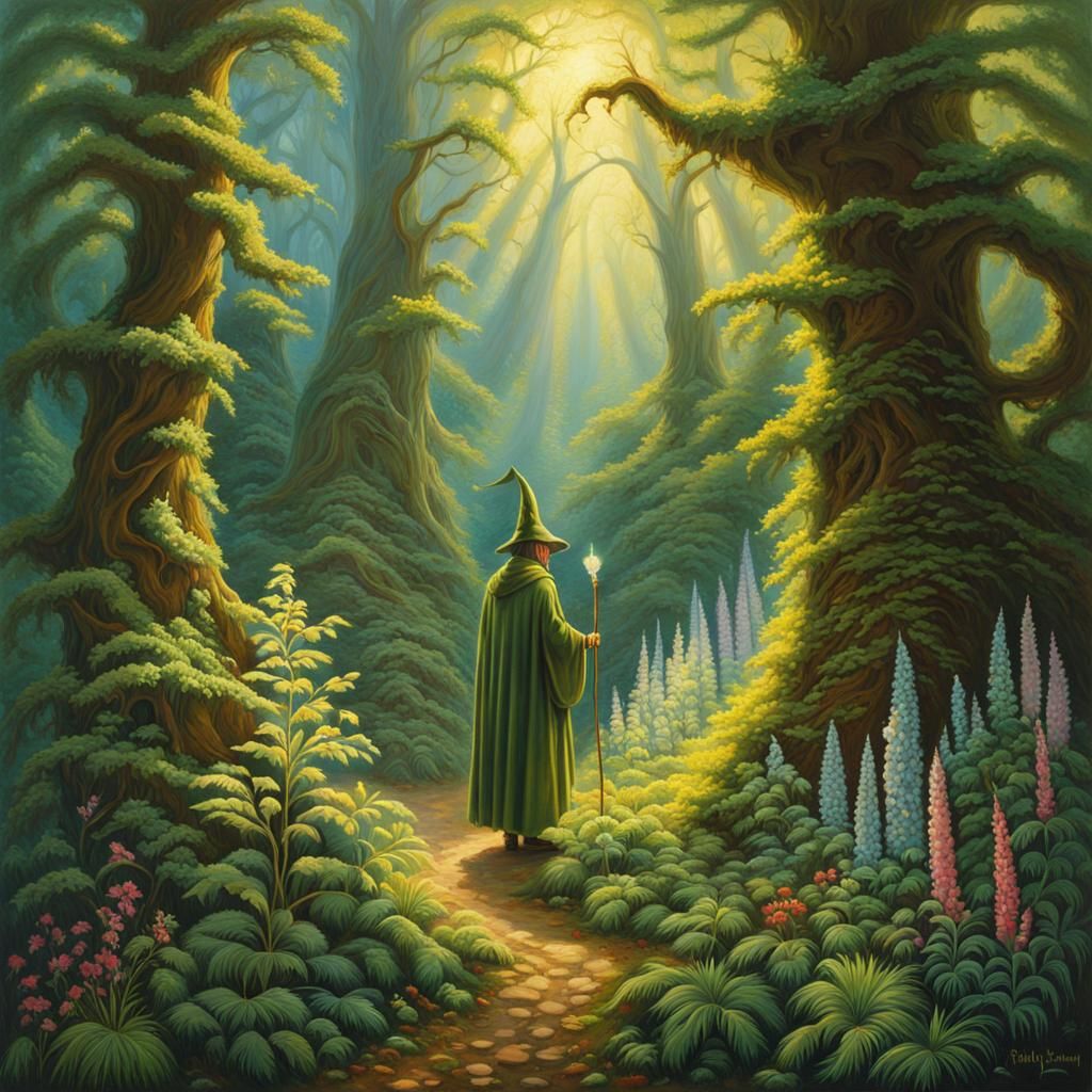 A wizard is searching in the forest for a special magical plant.