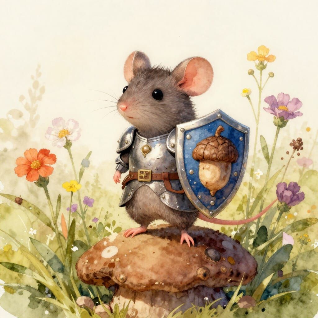 Adorable Mouse Knight with Acorn Shield on Toadstool