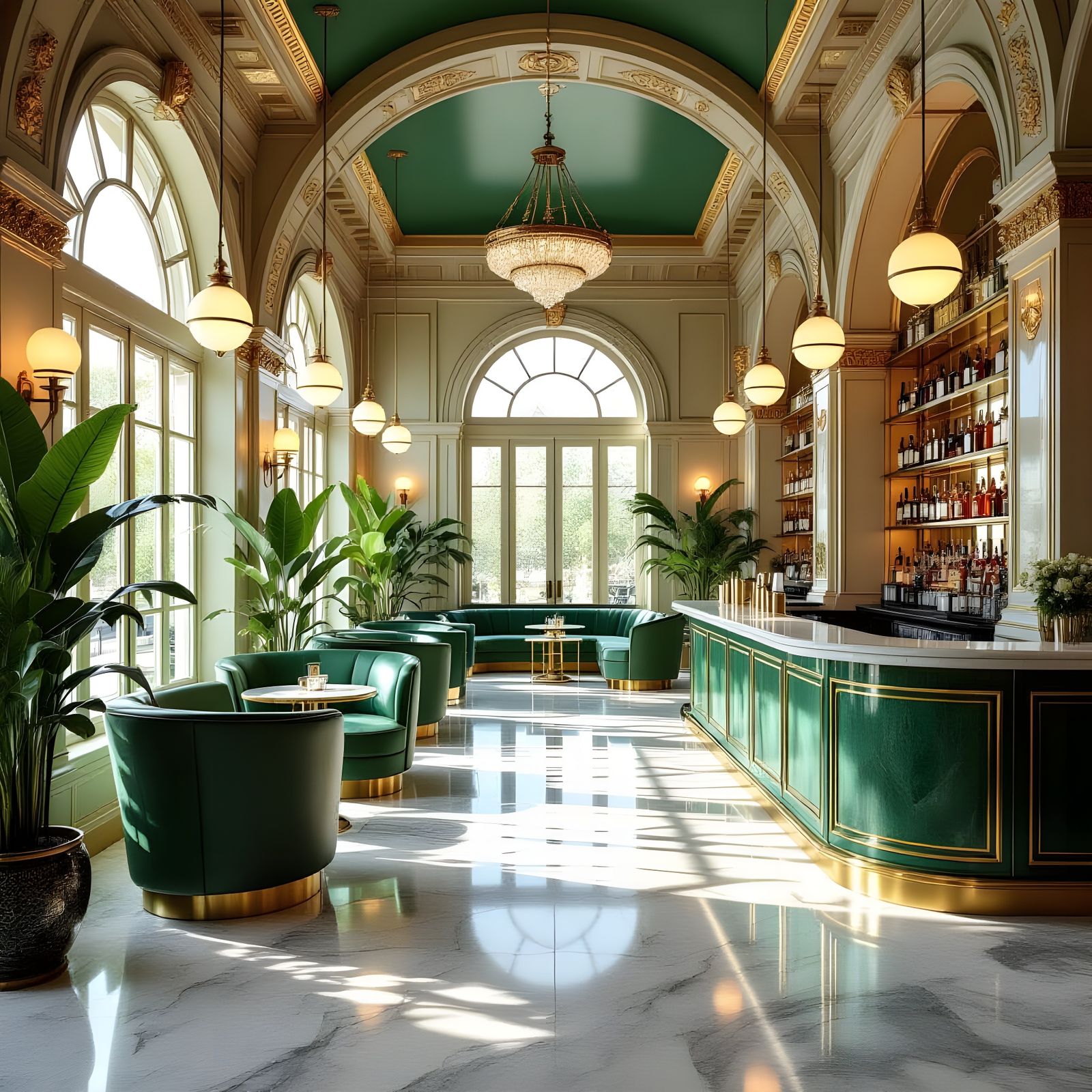 Elegant Art Deco Bar with Emerald Green Counters and Gold Ac...