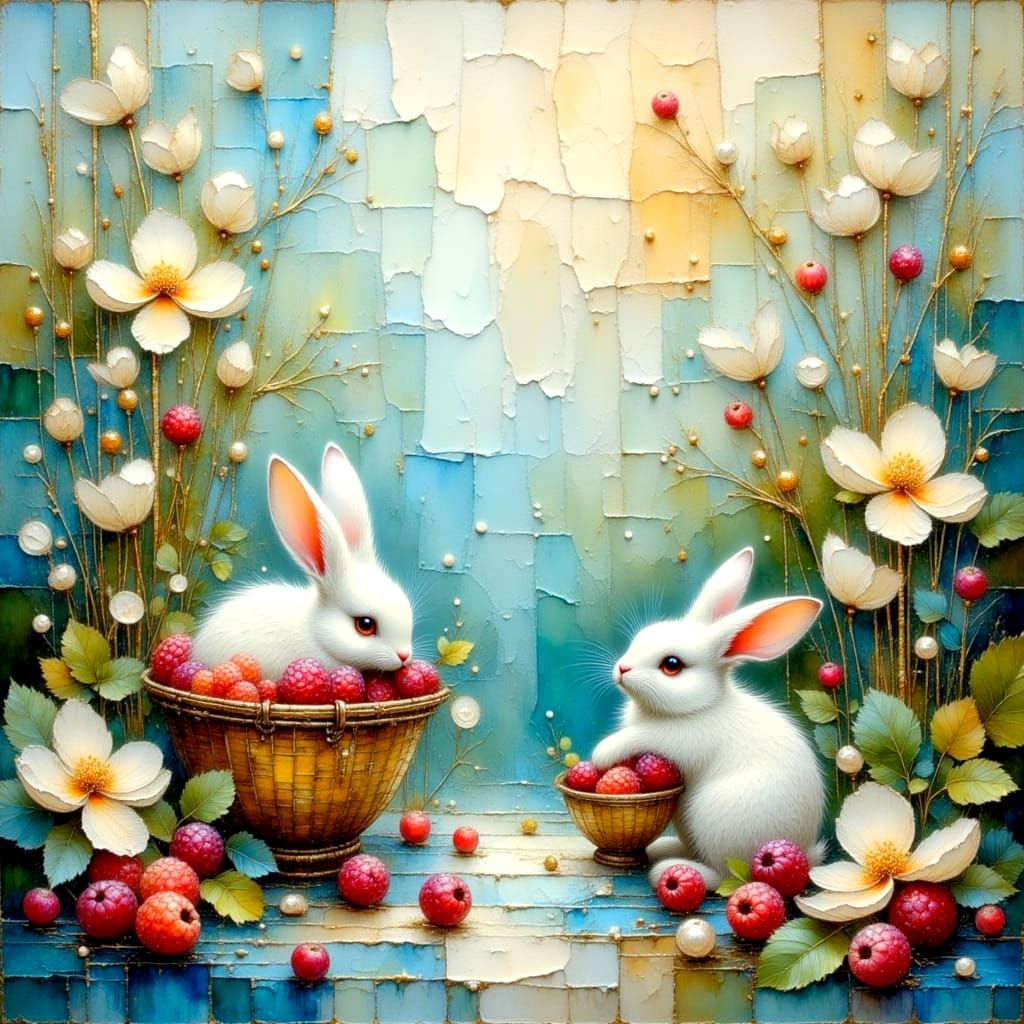 Surreal Crinkled Metallics Landscape with Raspberries and Bu...