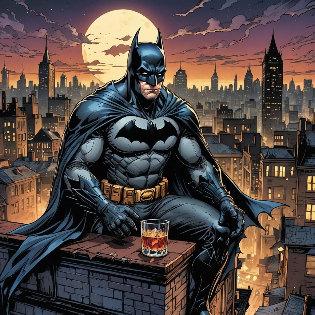 Batman on Rooftop in Graphic Novel Style