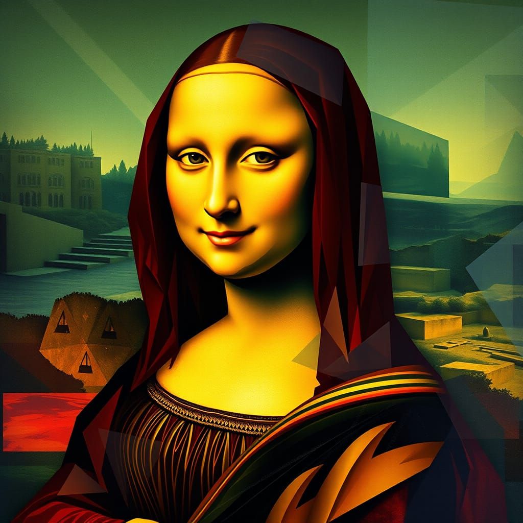 Neo-Cubist Mona Lisa Reimagined in Vibrant Geometric Style