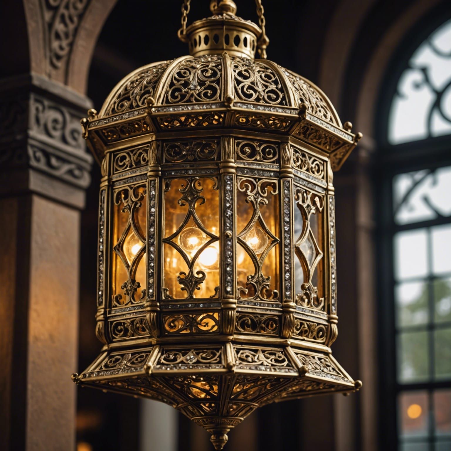Ornate Diamond Encrusted Golden Lantern, Hyperrealistic Clos...