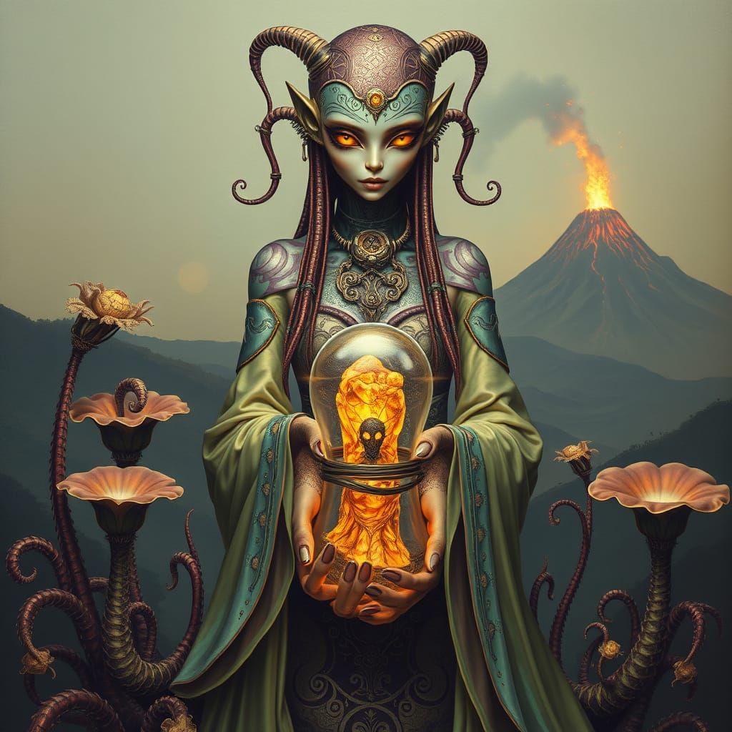 Alien Woman with Artifact in Surreal Landscape