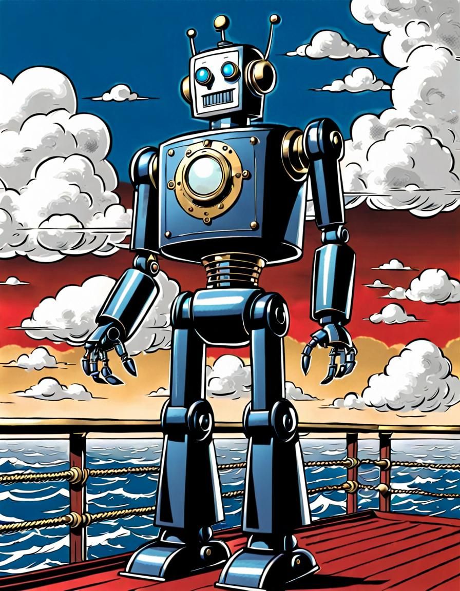 Robot Detective on Clipper Ship, Comic Book Style